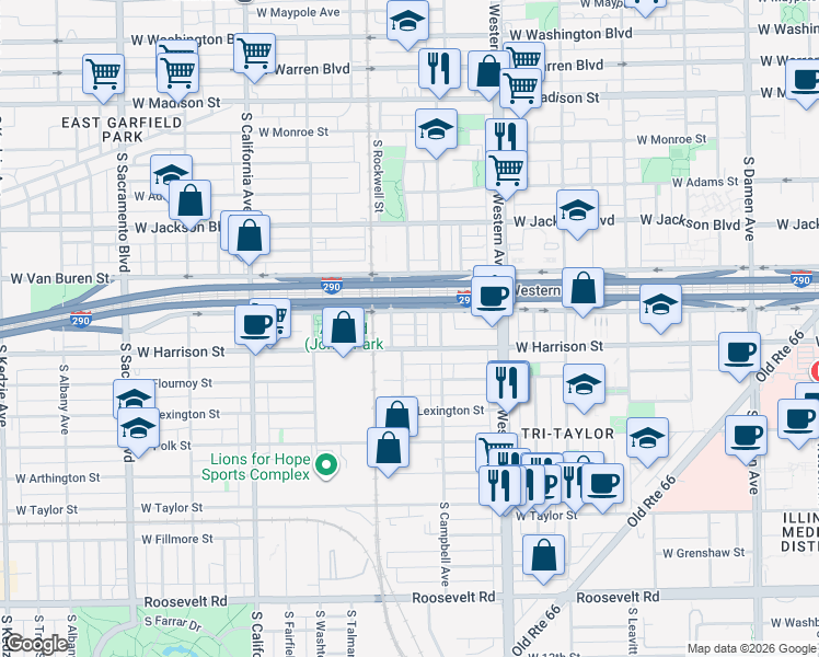 map of restaurants, bars, coffee shops, grocery stores, and more near 2530 West Harrison Street in Chicago