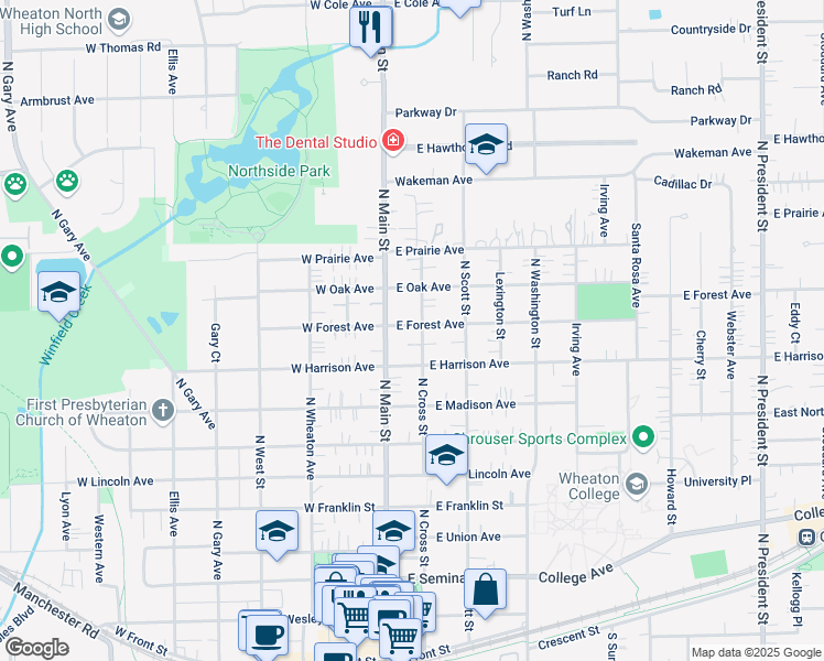 map of restaurants, bars, coffee shops, grocery stores, and more near 910 North Cross Street in Wheaton