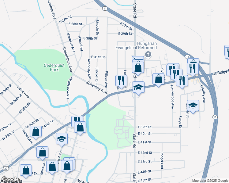 map of restaurants, bars, coffee shops, grocery stores, and more near 1641 East Prospect Road in Ashtabula