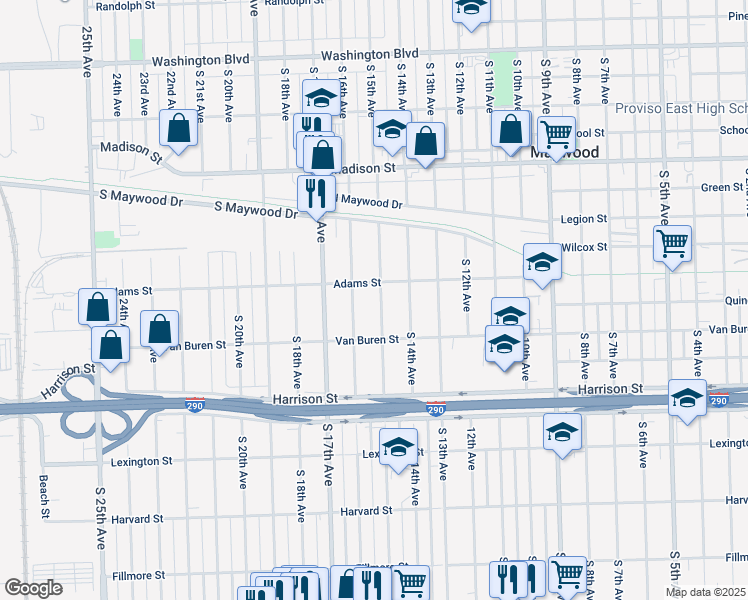 map of restaurants, bars, coffee shops, grocery stores, and more near 1412 South 15th Avenue in Maywood