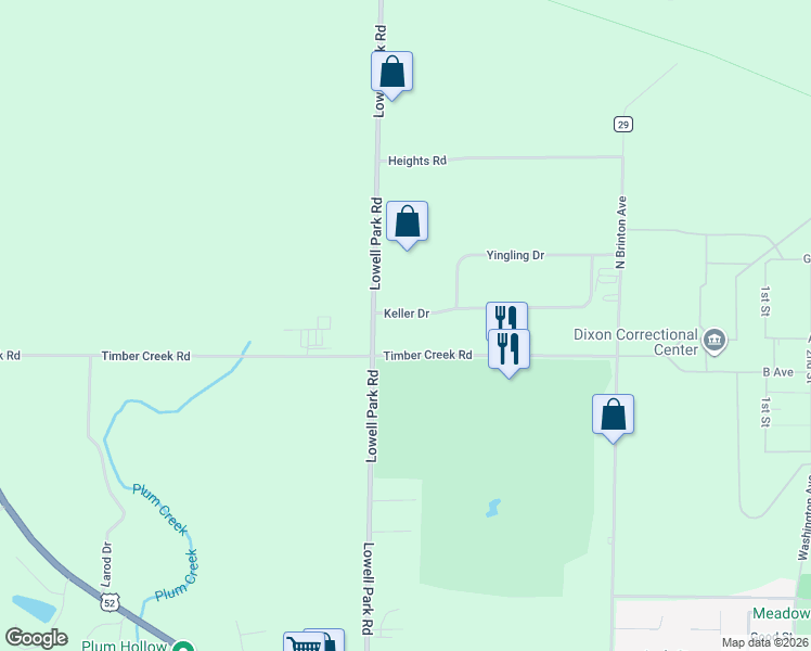 map of restaurants, bars, coffee shops, grocery stores, and more near 708 Timber Creek Road in Dixon
