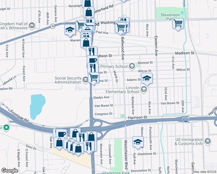 map of restaurants, bars, coffee shops, grocery stores, and more near 3822 Jackson Street in Bellwood