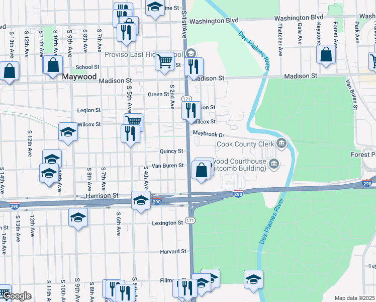 map of restaurants, bars, coffee shops, grocery stores, and more near S 1st Ave & Quincy St in Maywood