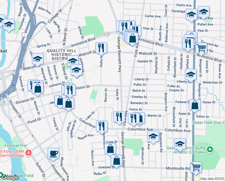 map of restaurants, bars, coffee shops, grocery stores, and more near 92 India Street in Pawtucket