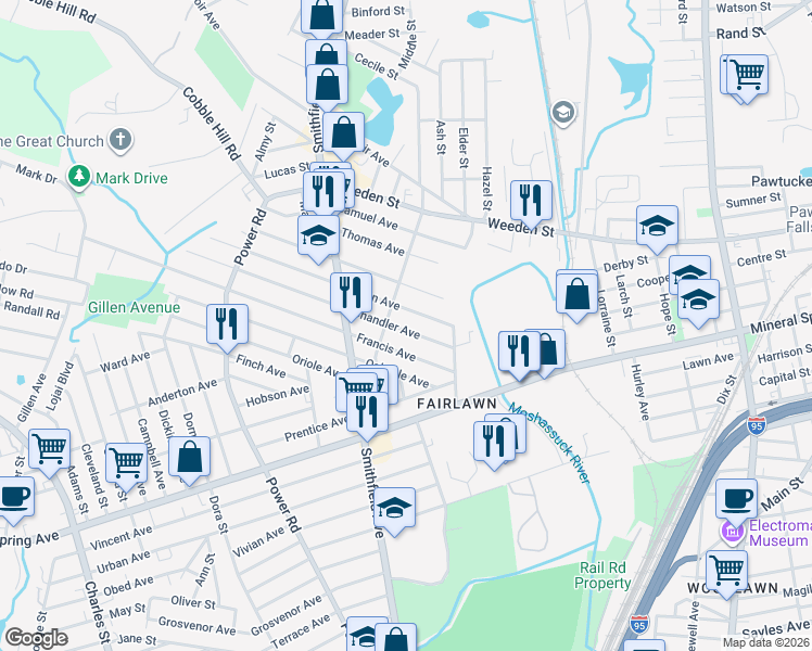 map of restaurants, bars, coffee shops, grocery stores, and more near 41 Francis Avenue in Pawtucket