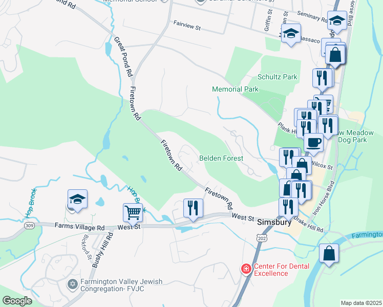map of restaurants, bars, coffee shops, grocery stores, and more near 36 Firetown Road in Simsbury