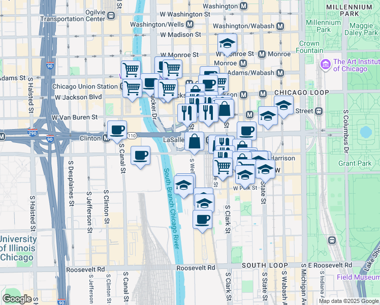 map of restaurants, bars, coffee shops, grocery stores, and more near 211 West Harrison Street in Chicago
