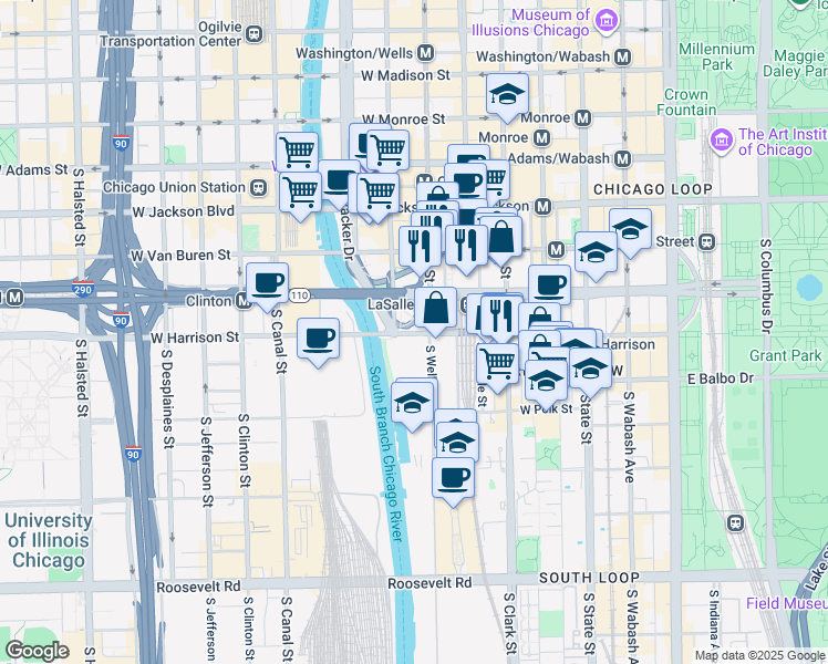 map of restaurants, bars, coffee shops, grocery stores, and more near 211 West Harrison Street in Chicago