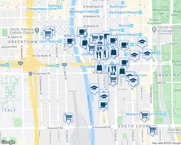 map of restaurants, bars, coffee shops, grocery stores, and more near 211 West Harrison Street in Chicago