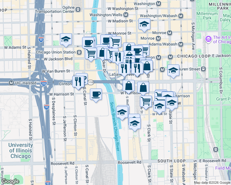map of restaurants, bars, coffee shops, grocery stores, and more near 1091 South Park Terrace in Chicago