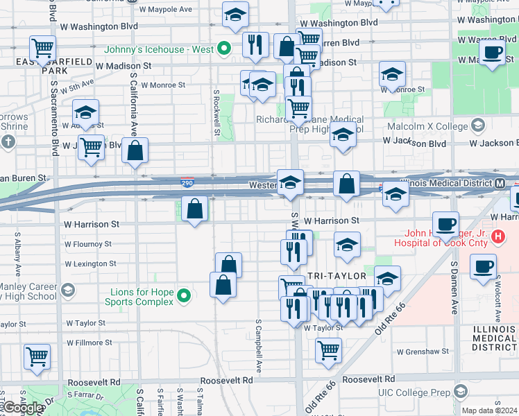 map of restaurants, bars, coffee shops, grocery stores, and more near 2452 West Harrison Street in Chicago