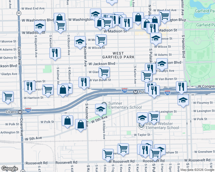 map of restaurants, bars, coffee shops, grocery stores, and more near 4249 West Congress Parkway in Chicago
