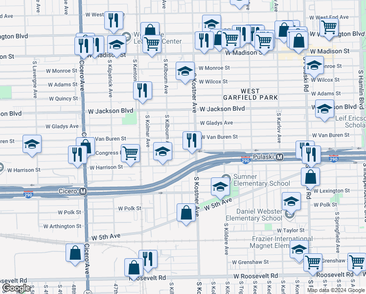 map of restaurants, bars, coffee shops, grocery stores, and more near 4435 West Congress Parkway in Chicago