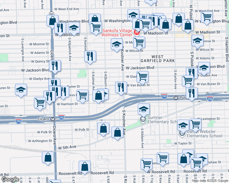 map of restaurants, bars, coffee shops, grocery stores, and more near 4435 West Congress Parkway in Chicago