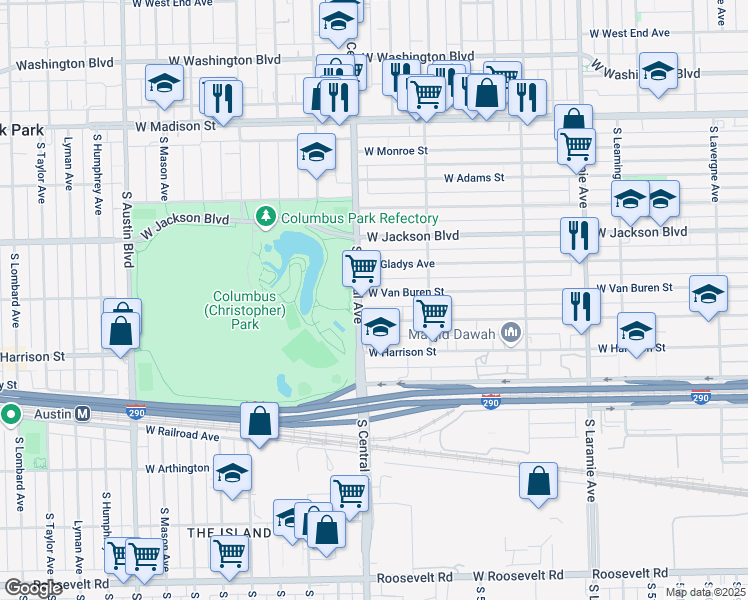 map of restaurants, bars, coffee shops, grocery stores, and more near 5548 West Congress Parkway in Chicago