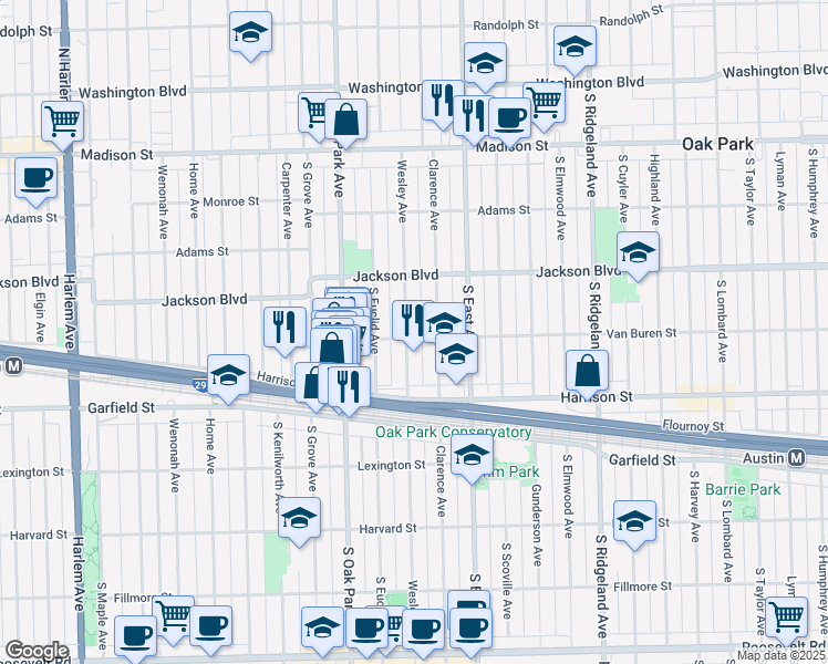 map of restaurants, bars, coffee shops, grocery stores, and more near 809 Wesley Avenue in Oak Park