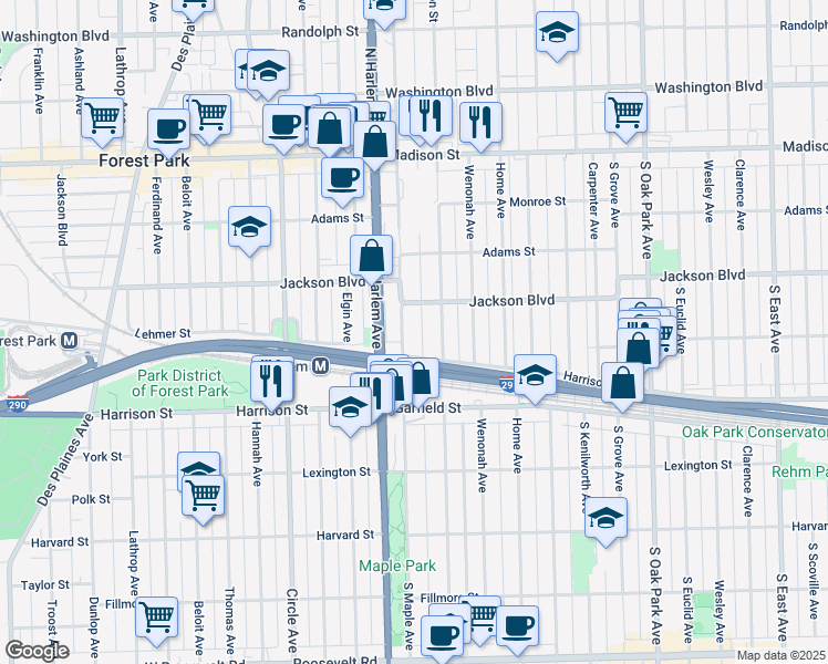 map of restaurants, bars, coffee shops, grocery stores, and more near 837 Wisconsin Avenue in Oak Park
