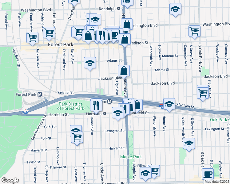 map of restaurants, bars, coffee shops, grocery stores, and more near 650 Elgin Avenue in Forest Park