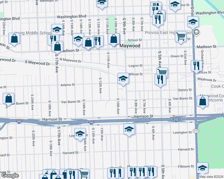 map of restaurants, bars, coffee shops, grocery stores, and more near 1431 South 11th Avenue in Maywood
