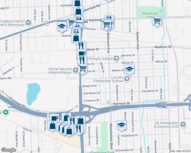 map of restaurants, bars, coffee shops, grocery stores, and more near 3822 Jackson Street in Bellwood