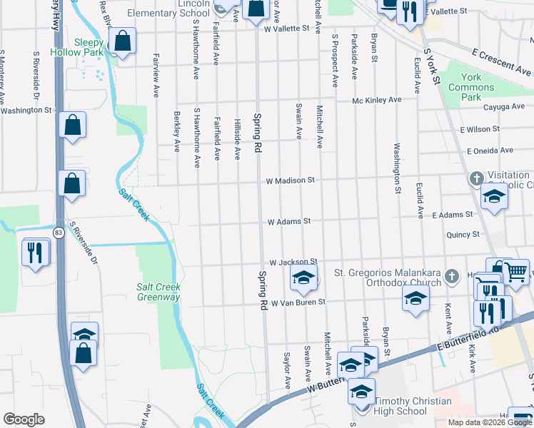 map of restaurants, bars, coffee shops, grocery stores, and more near 302 West Adams Street in Elmhurst