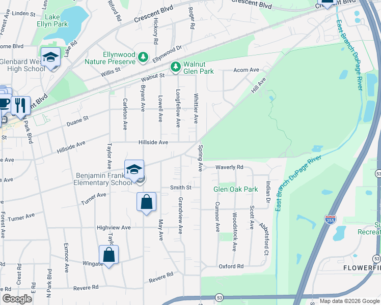 map of restaurants, bars, coffee shops, grocery stores, and more near 891 Glen Oak Avenue in Glen Ellyn