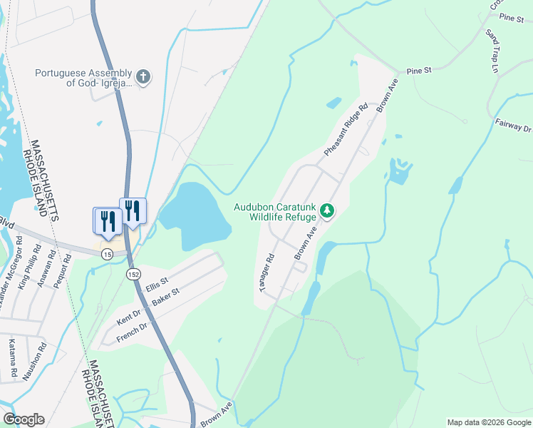 map of restaurants, bars, coffee shops, grocery stores, and more near 50 Meadowlark Drive in Seekonk