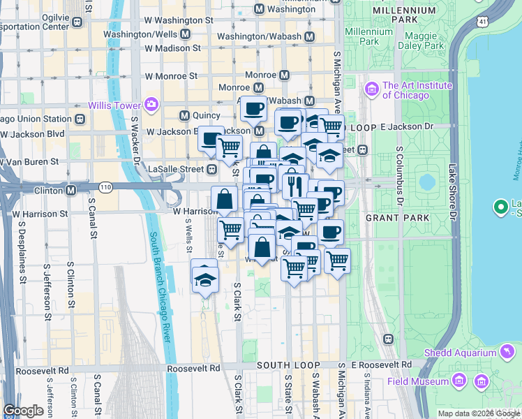 map of restaurants, bars, coffee shops, grocery stores, and more near W Harrison St & S Dearborn St in Chicago