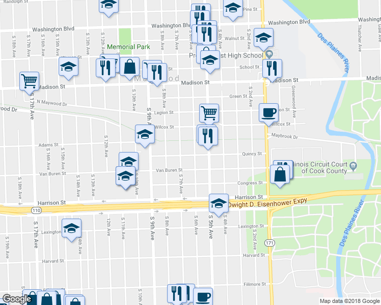 map of restaurants, bars, coffee shops, grocery stores, and more near 1416 S 6th Ave in Maywood
