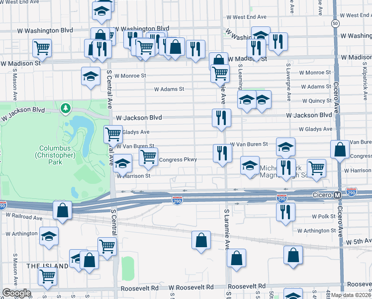 map of restaurants, bars, coffee shops, grocery stores, and more near 5300 West Congress Parkway in Chicago