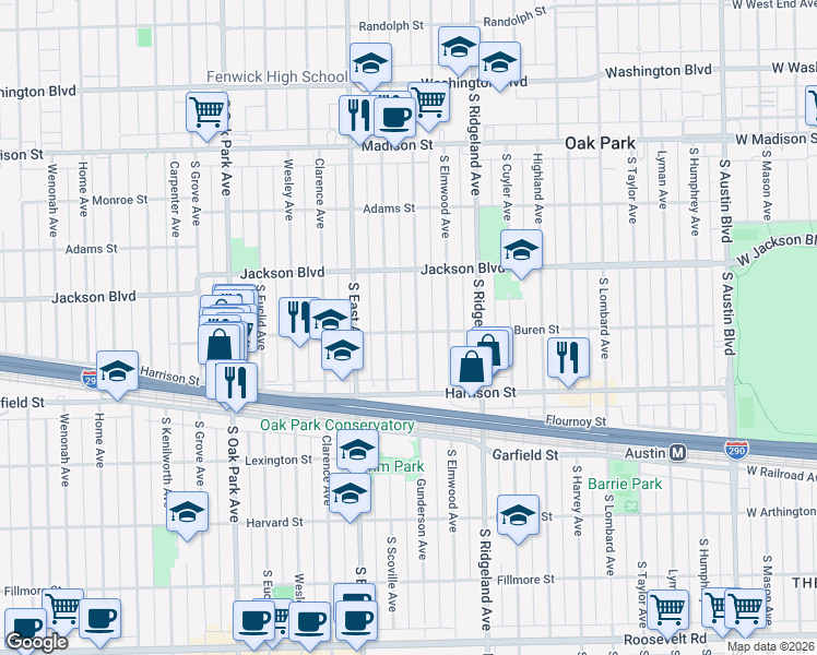 map of restaurants, bars, coffee shops, grocery stores, and more near 806 South Scoville Avenue in Oak Park