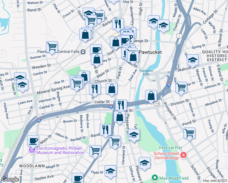 map of restaurants, bars, coffee shops, grocery stores, and more near 12 Harrison Street in Pawtucket