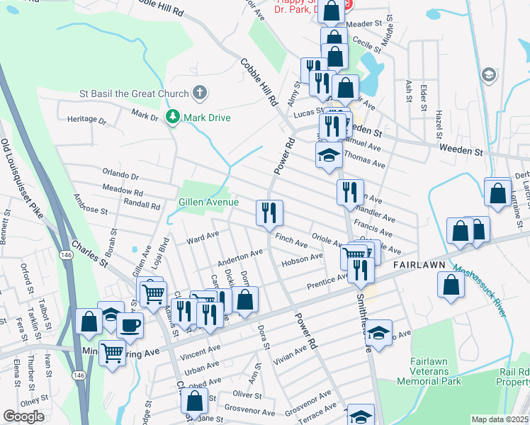 map of restaurants, bars, coffee shops, grocery stores, and more near 446 Power Road in Pawtucket