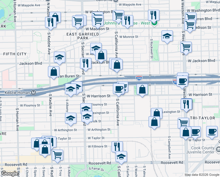 map of restaurants, bars, coffee shops, grocery stores, and more near 2834 West Harrison Street in Chicago