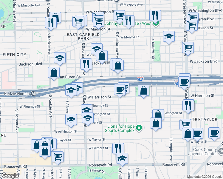 map of restaurants, bars, coffee shops, grocery stores, and more near 2834 West Harrison Street in Chicago