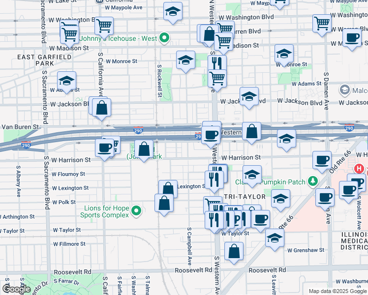 map of restaurants, bars, coffee shops, grocery stores, and more near 2452 West Harrison Street in Chicago