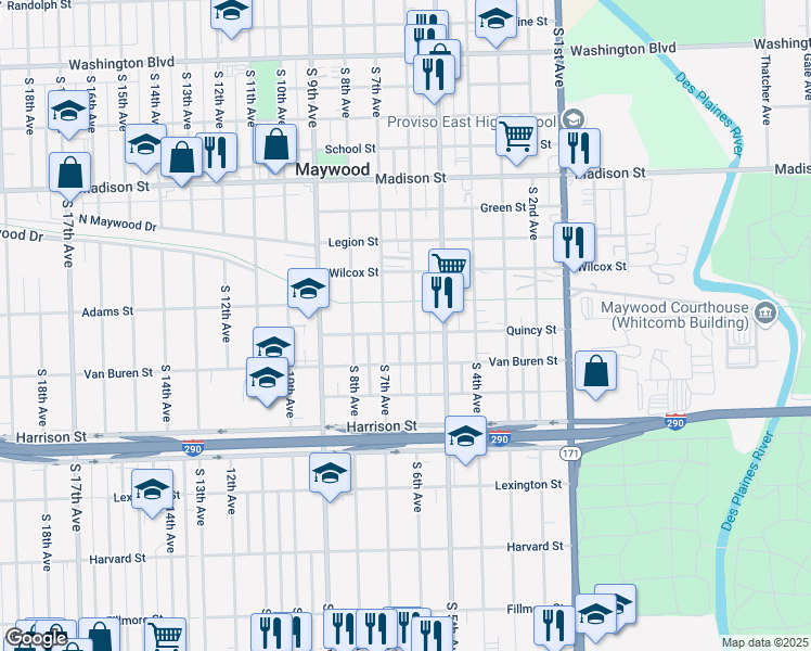 map of restaurants, bars, coffee shops, grocery stores, and more near in Maywood