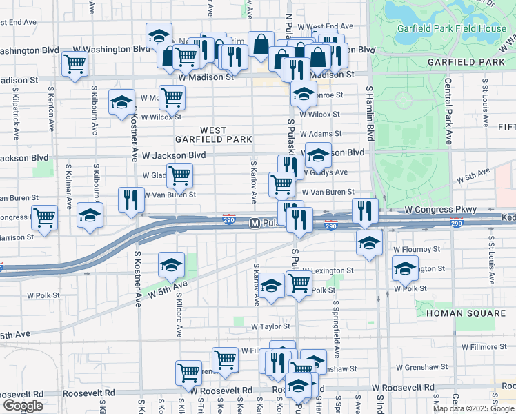 map of restaurants, bars, coffee shops, grocery stores, and more near 4057 West Congress Parkway in Chicago