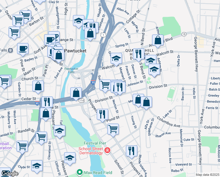map of restaurants, bars, coffee shops, grocery stores, and more near 180 Division Street in Pawtucket