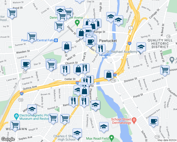 map of restaurants, bars, coffee shops, grocery stores, and more near 2 George Street in Pawtucket