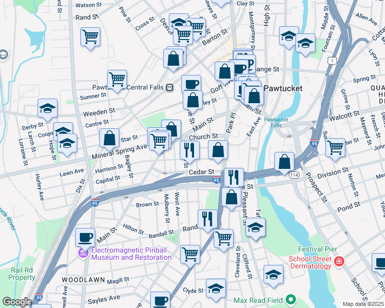 map of restaurants, bars, coffee shops, grocery stores, and more near 71 Cedar Street in Pawtucket