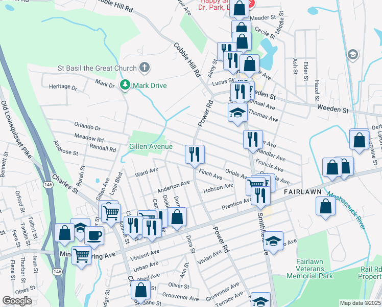 map of restaurants, bars, coffee shops, grocery stores, and more near 446 Power Road in Pawtucket