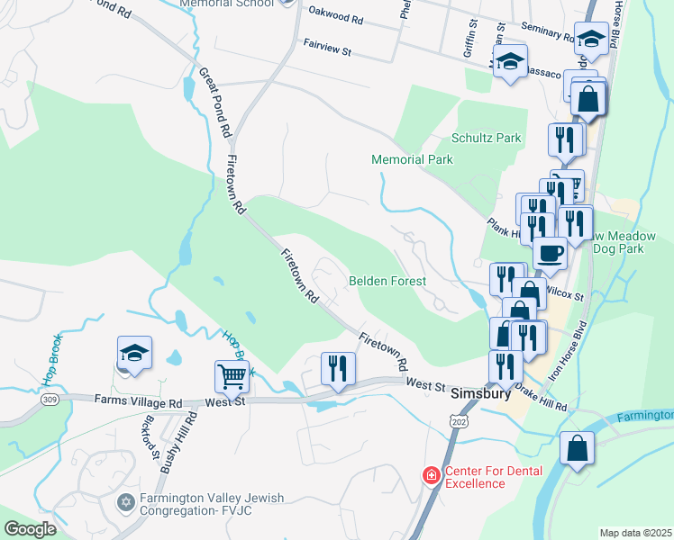 map of restaurants, bars, coffee shops, grocery stores, and more near 36 Firetown Road in Simsbury
