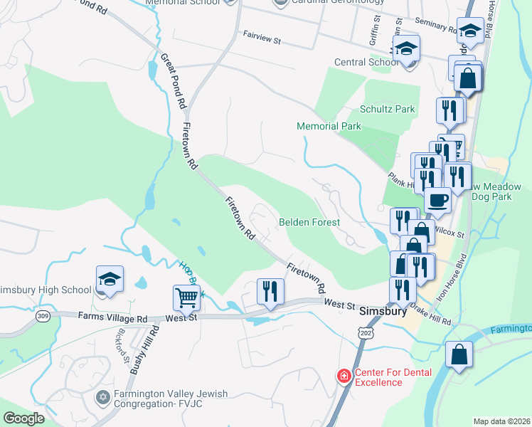 map of restaurants, bars, coffee shops, grocery stores, and more near 36 Firetown Road in Simsbury