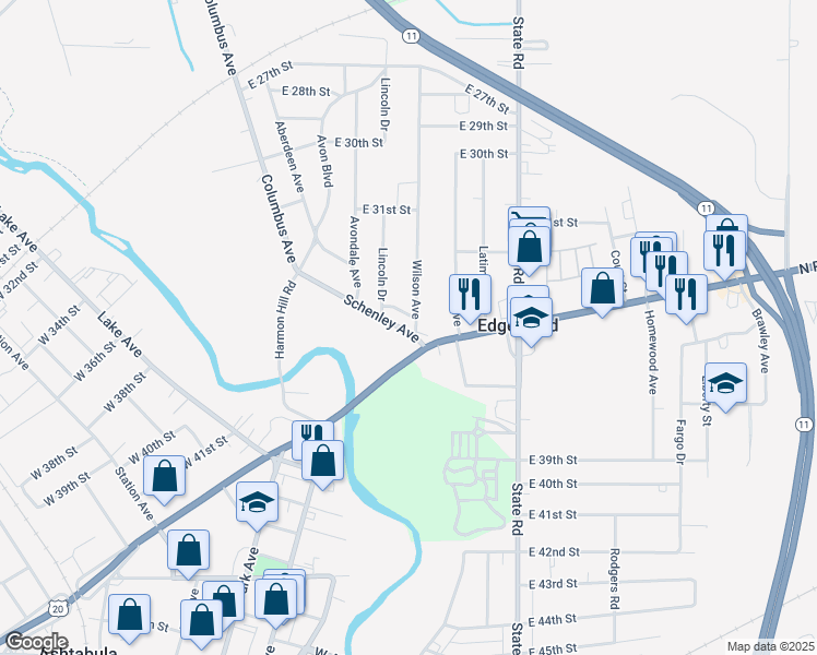 map of restaurants, bars, coffee shops, grocery stores, and more near 1602 East Prospect Road in Ashtabula