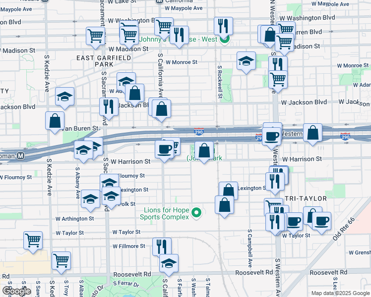 map of restaurants, bars, coffee shops, grocery stores, and more near 2720 West Harrison Street in Chicago