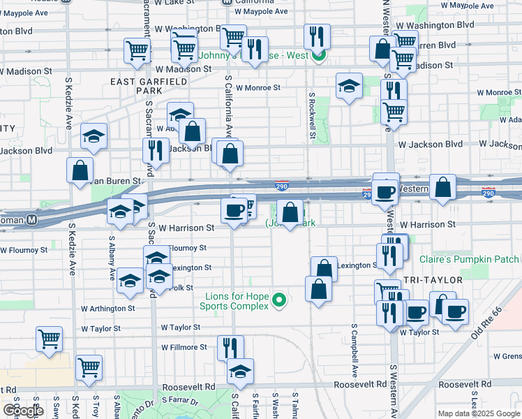 map of restaurants, bars, coffee shops, grocery stores, and more near 2720 West Harrison Street in Chicago