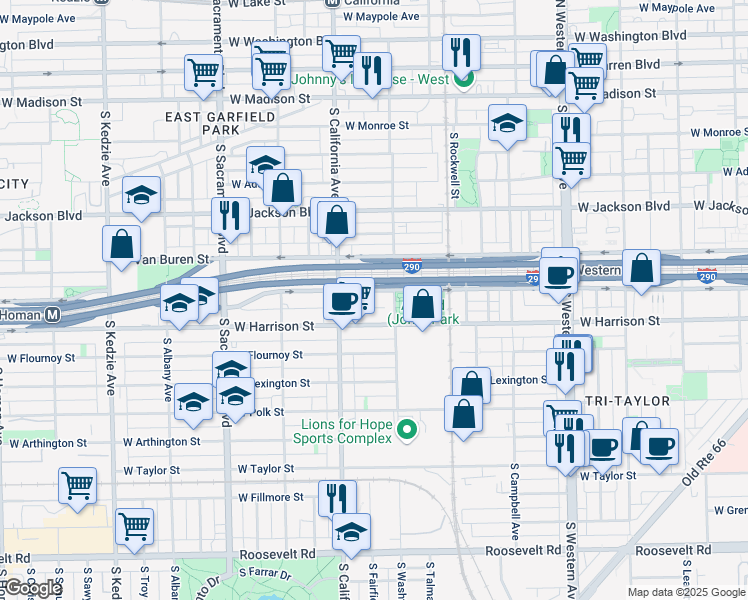 map of restaurants, bars, coffee shops, grocery stores, and more near 2720 West Harrison Street in Chicago