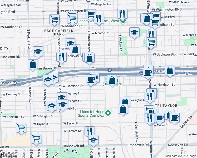 map of restaurants, bars, coffee shops, grocery stores, and more near 2720 West Harrison Street in Chicago