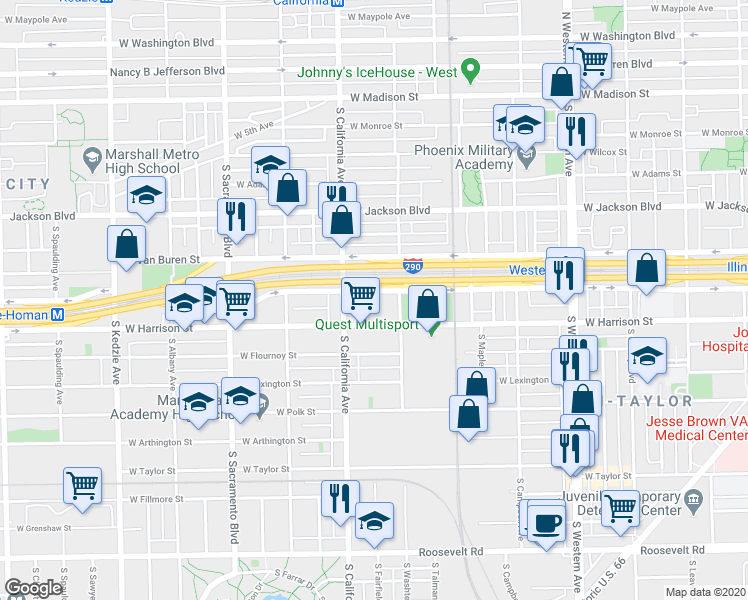 map of restaurants, bars, coffee shops, grocery stores, and more near 2720 West Harrison Street in Chicago